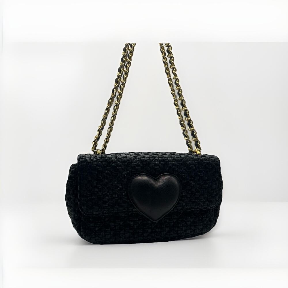 Moschino Cheap And Chip Black Wicker Raffia Chain Flap Bag Heart